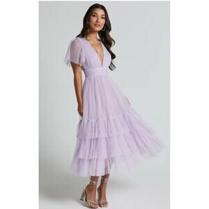 Showpo Jiraye Midi Dress Flutter Sleeve Tulle Plunge Lilac Sz 12 NWT